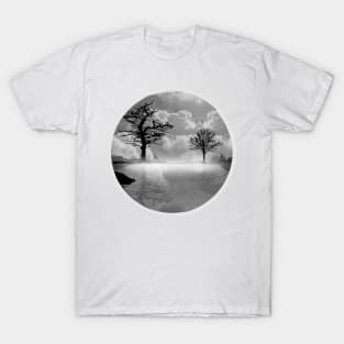 A calm lake in the fog in the morning in black and white T-Shirt